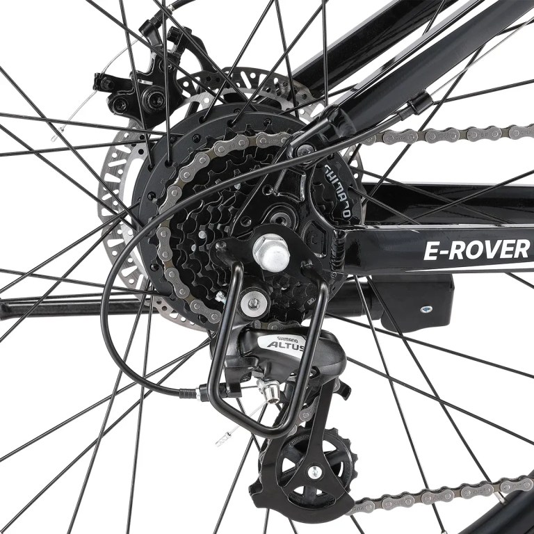 progear e rover electric folding mtb 26 gloss black" Close-up of e-bike rear derailleur and gears