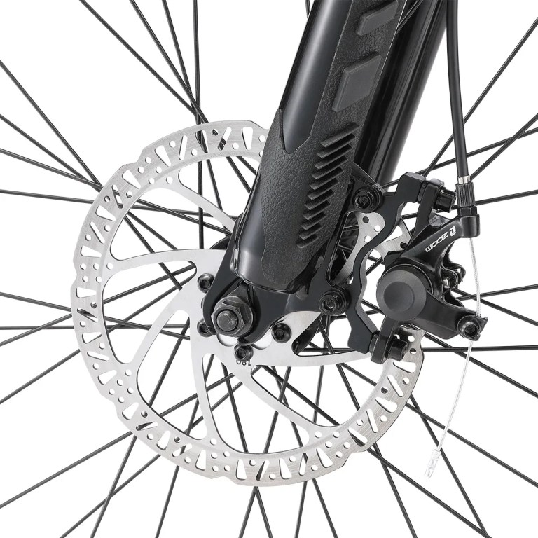 progear e rover electric folding mtb 26 gloss black" Close-up of bicycle front disc brake system