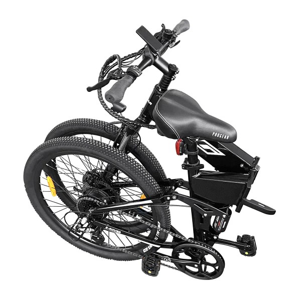 Folded black electric fat-tyre bicycle on white background