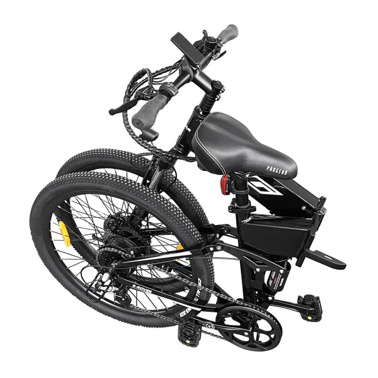 progear e rover electric folding mtb 26 gloss black" Folded black electric fat-tyre bicycle on white background