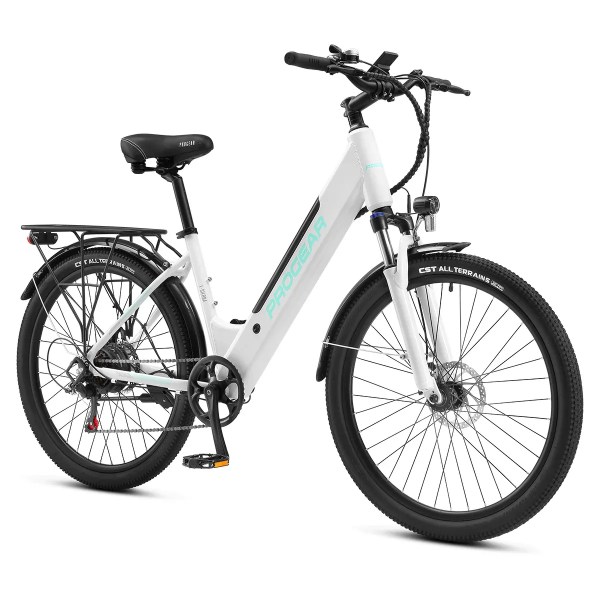 White Progear electric bike with rear rack