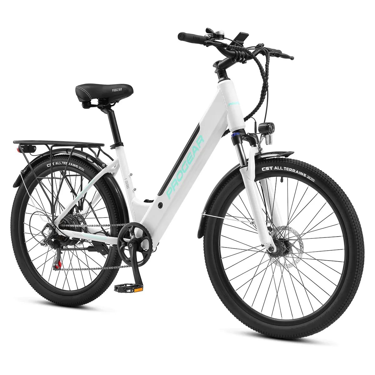 White Progear electric bike with rear rack
