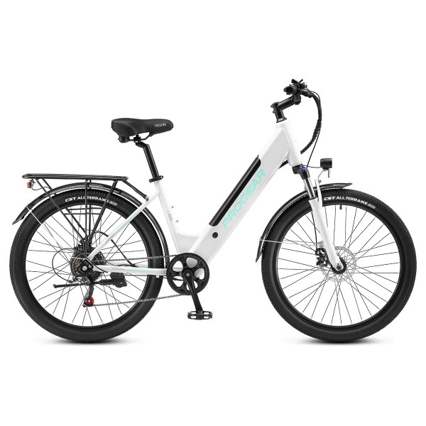 White step-through electric bike with rear rack