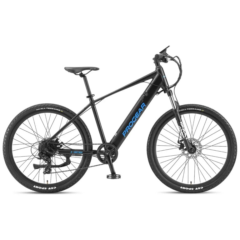 progear e vantage 27.5*18 mtb e bike black shadow" Black Progear electric mountain bike on white background