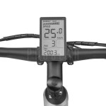 progear e vantage 27.5*18 mtb e bike black shadow" E-bike handlebar display showing speed and battery level