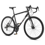 Black gravel bike with drop handlebars and disc brakes