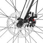 Close-up of bicycle front disc brake rotor
