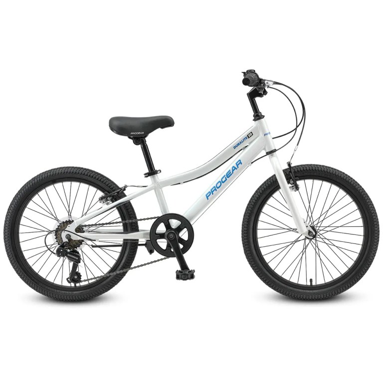 progear duralite 7 speed kids bike 20 pearl white" Silver Progear kids bike on white background
