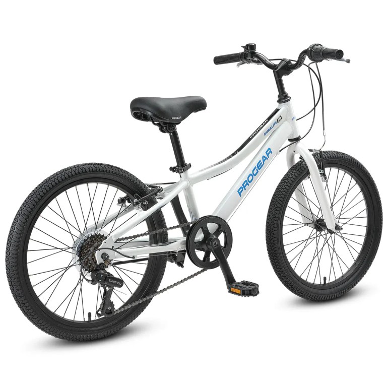 progear duralite 7 speed kids bike 20 pearl white" White Progear kids bicycle with black tyres