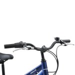 progear duralite 7 speed kids bike 20 royal blue" Close-up of bicycle handlebars with bell and brakes