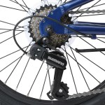 progear duralite 7 speed kids bike 20 royal blue" Close-up of Shimano rear bike derailleur and gears