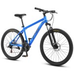 Blue hardtail mountain bike with front suspension