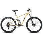 Beige full-suspension mountain bike on white background