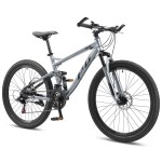 Grey full-suspension mountain bike on white background