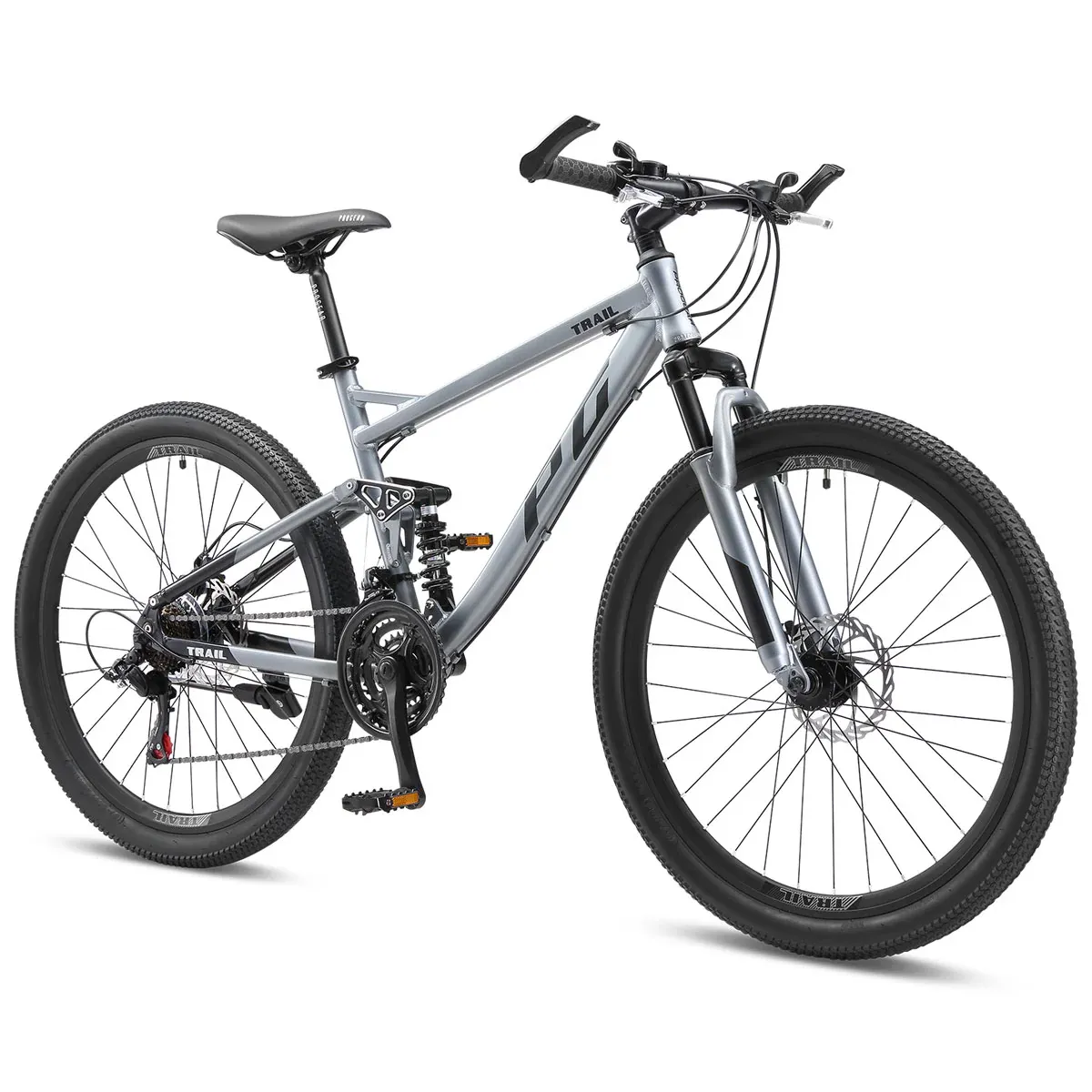 Grey full-suspension mountain bike on white background