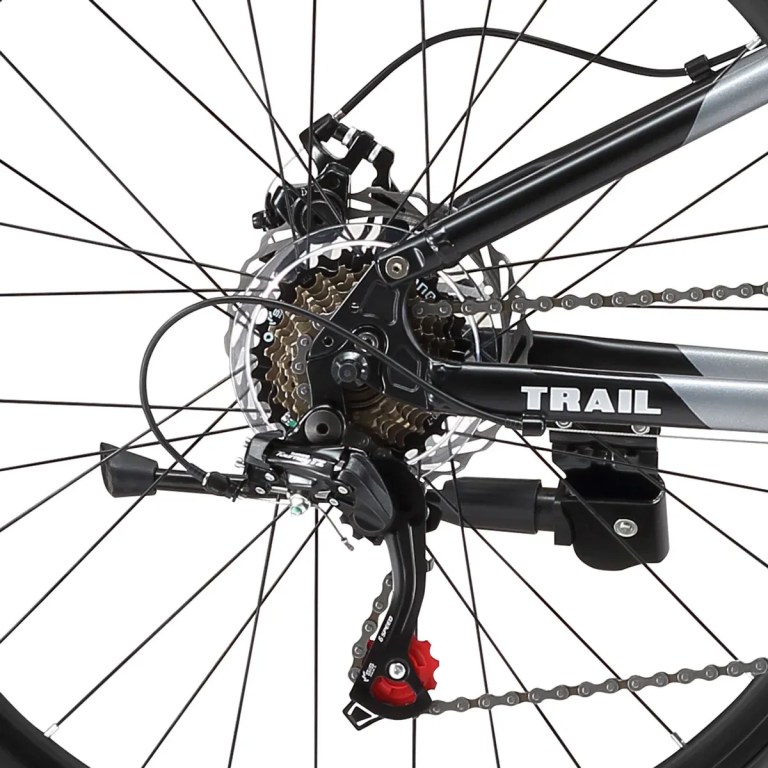 Close-up of mountain bike rear gears and disc brake
