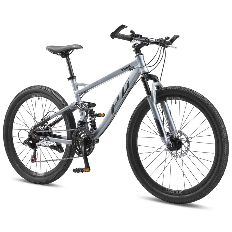 Grey full-suspension mountain bike on white background