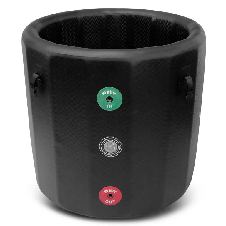 regen8 polarbarrel cold plunge ice bath with t1 chiller unit Black cylindrical water filter with inlet and outlet
