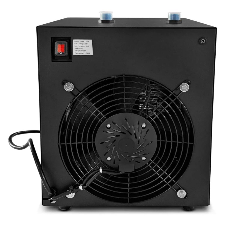Black industrial water chiller with cooling fan