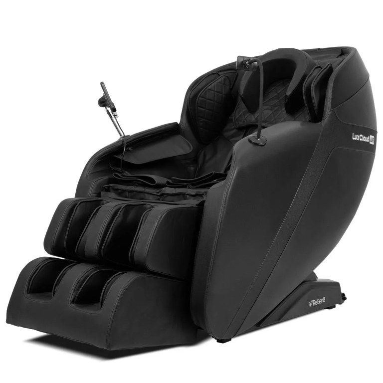 Black luxury massage chair with footrest and tablet holder