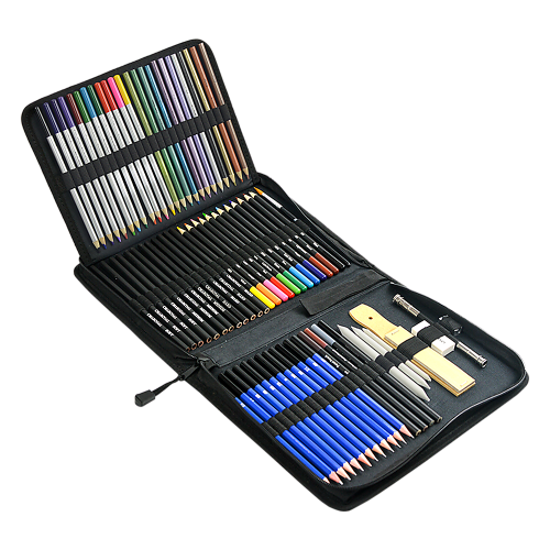 Comprehensive coloured pencil art set in case