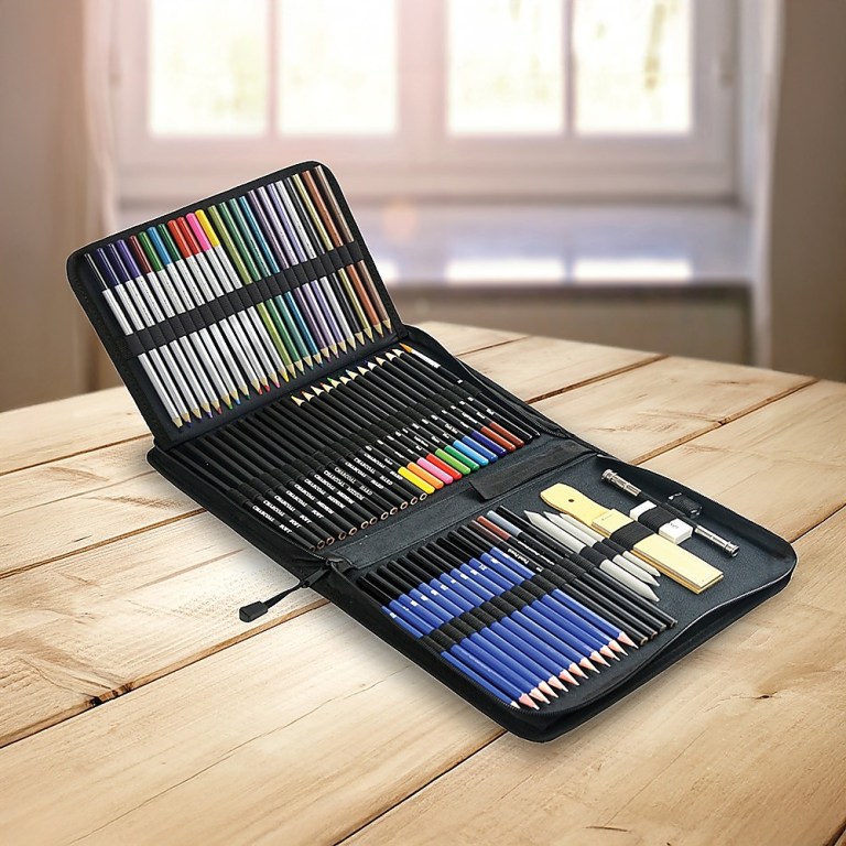Open art pencil set on wooden table