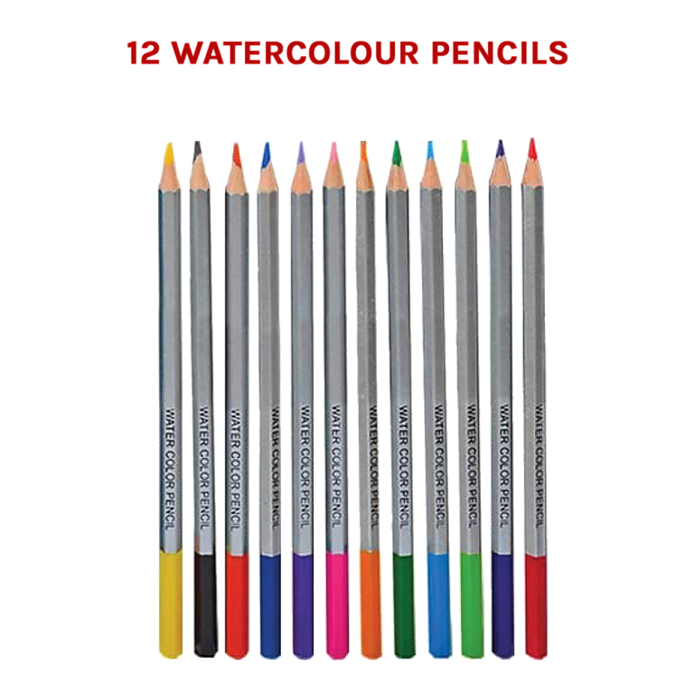 Twelve watercolour pencils on black background