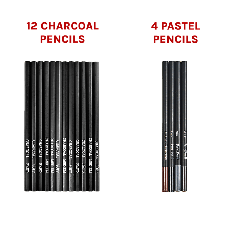 Set of charcoal and pastel pencils on black