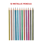 Twelve metallic coloured pencils on black background