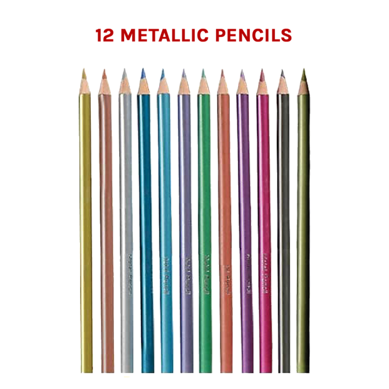 Twelve metallic coloured pencils on black background
