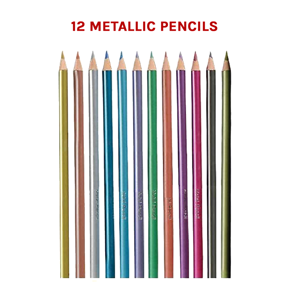 Twelve metallic coloured pencils on black background