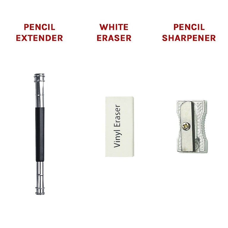 Pencil extender, white eraser and sharpener