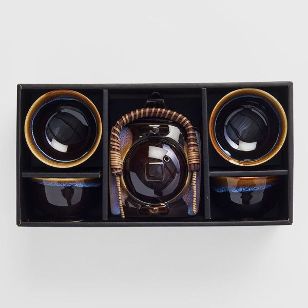 tea set 5pcs tenmokku bright blue glaze Boxed ceramic teapot and cups set