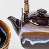 tea set 5pcs tenmokku bright blue glaze Glazed ceramic teapot and cup close-up