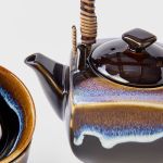 tea set 5pcs tenmokku bright blue glaze Glazed ceramic teapot and cup close-up
