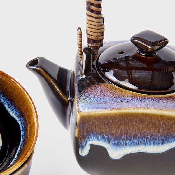 tea set 5pcs tenmokku bright blue glaze Glazed ceramic teapot and cup close-up
