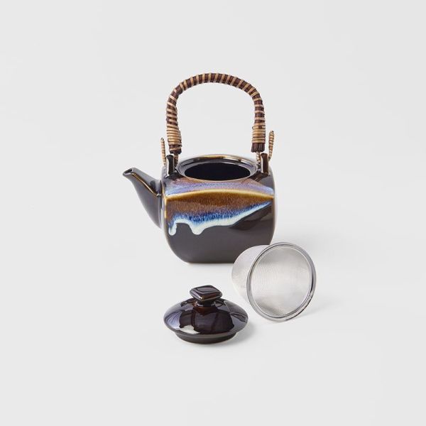 tea set 5pcs tenmokku bright blue glaze Ceramic teapot with woven handle and infuser
