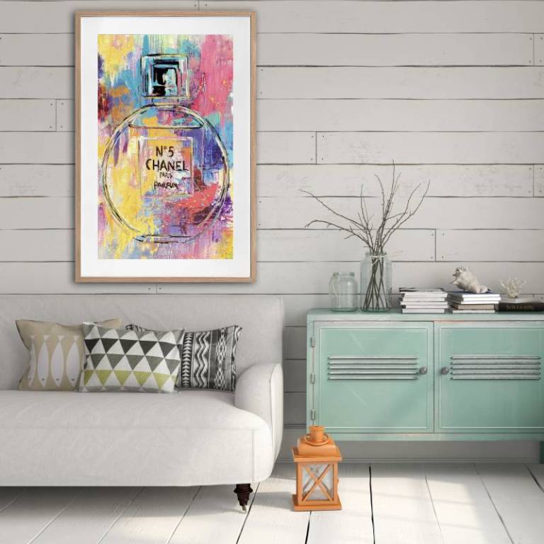 luxury perfume artwork framed w glass front 80x120cm Framed colourful Chanel No.5 artwork above sofa