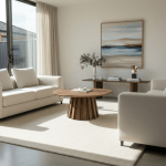 lilibet coffee table 38cm Minimalist living room with beige sofa and wooden table