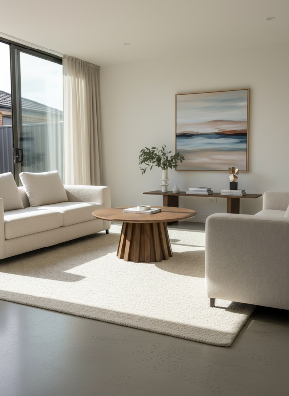 lilibet coffee table 38cm Minimalist living room with beige sofa and wooden table