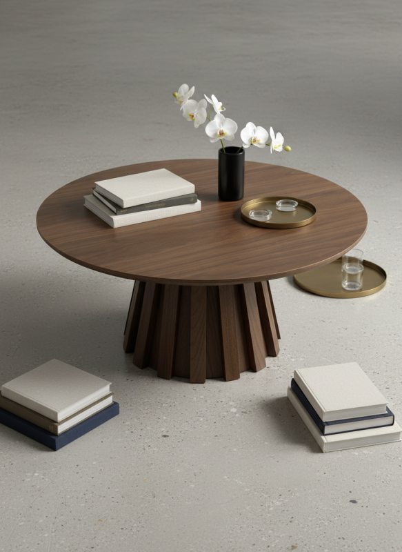 lilibet coffee table 38cm Round wooden coffee table with books and orchids