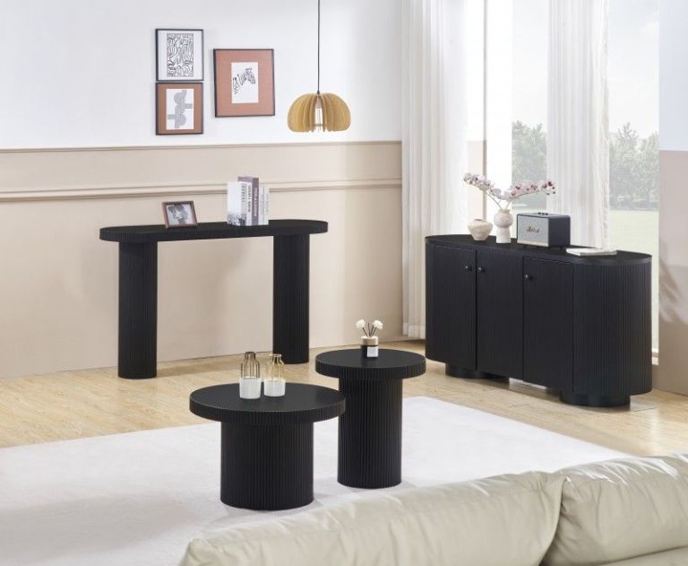 Modern black ribbed furniture in bright living room