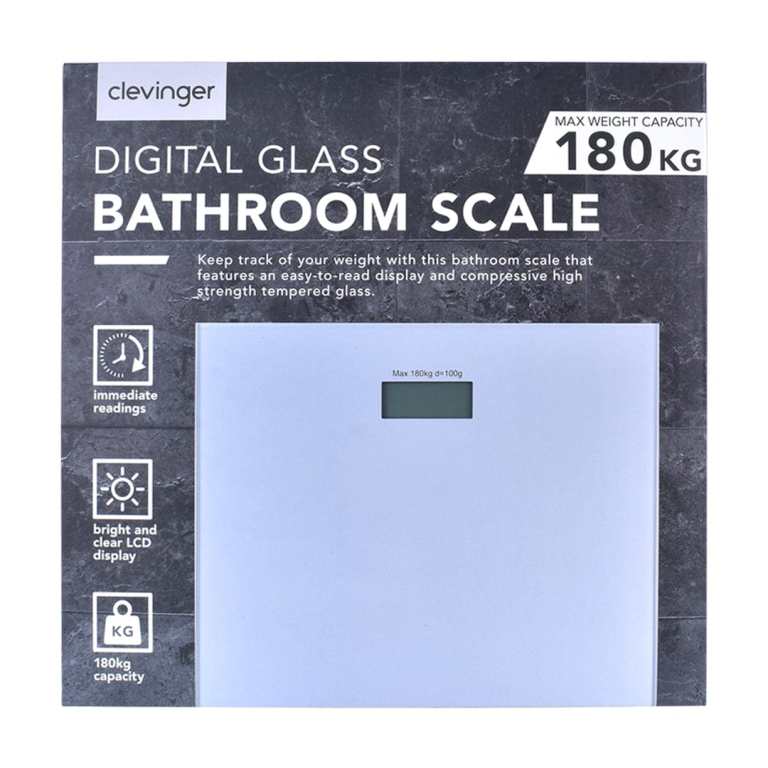 clevinger silver digital glass bathroom scale max capacity 180kg Clevinger digital glass bathroom scale packaging