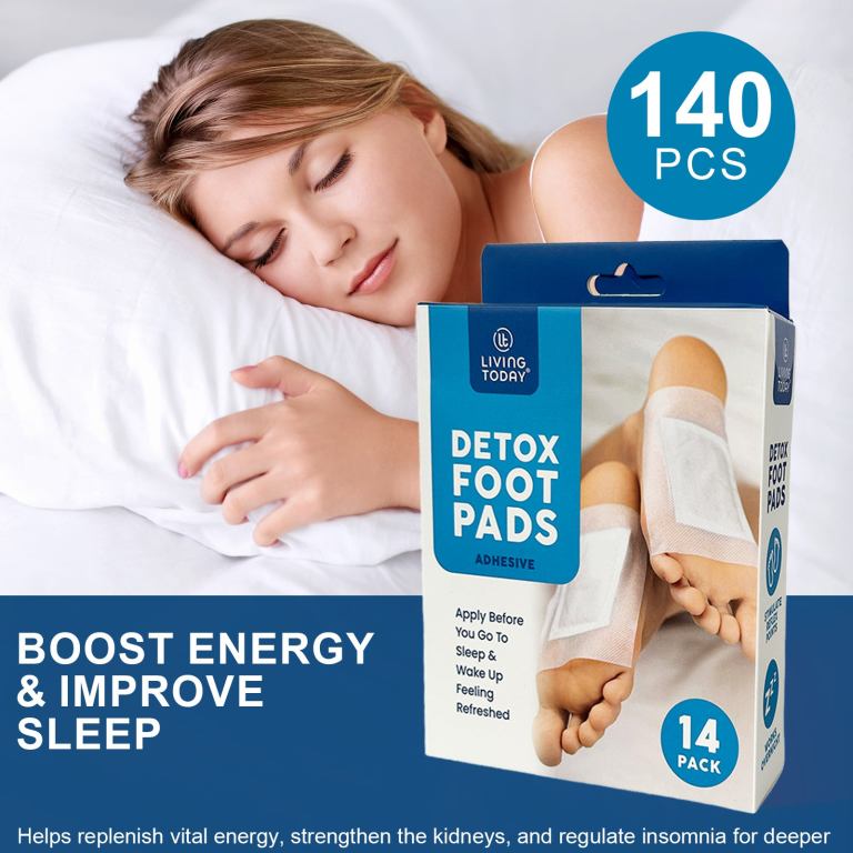 Sleeping woman beside detox foot pads box