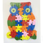 Colourful owl-shaped wooden alphabet puzzle board