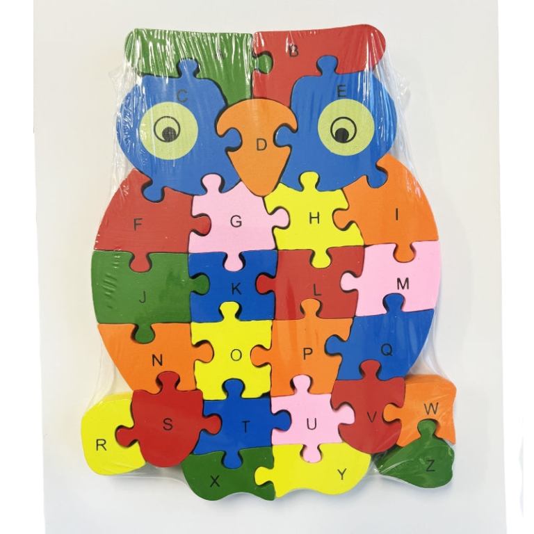 Colourful owl-shaped wooden alphabet puzzle board