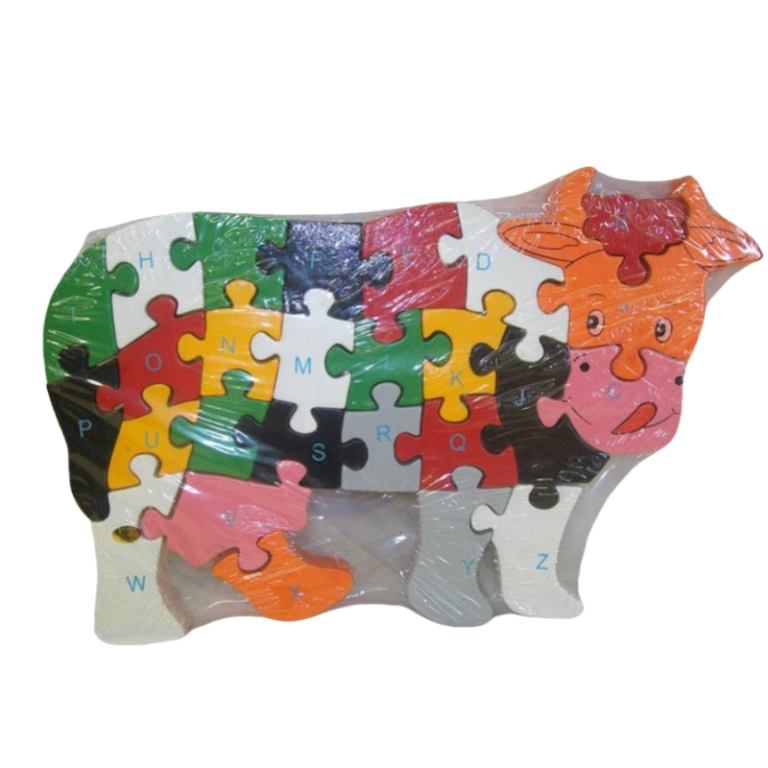 Colourful wooden cow alphabet puzzle toy