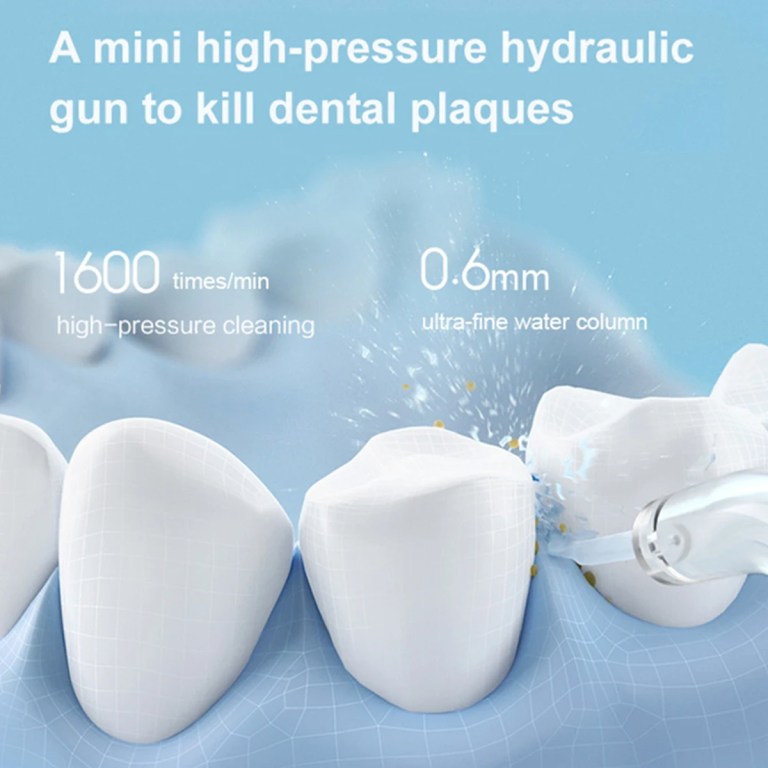 High-pressure water flosser cleaning between teeth