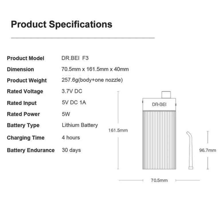 DR.BEI F3 product specifications and dimensions diagram