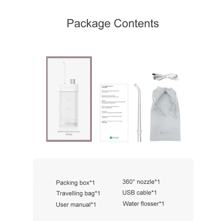 Water flosser package contents with accessories